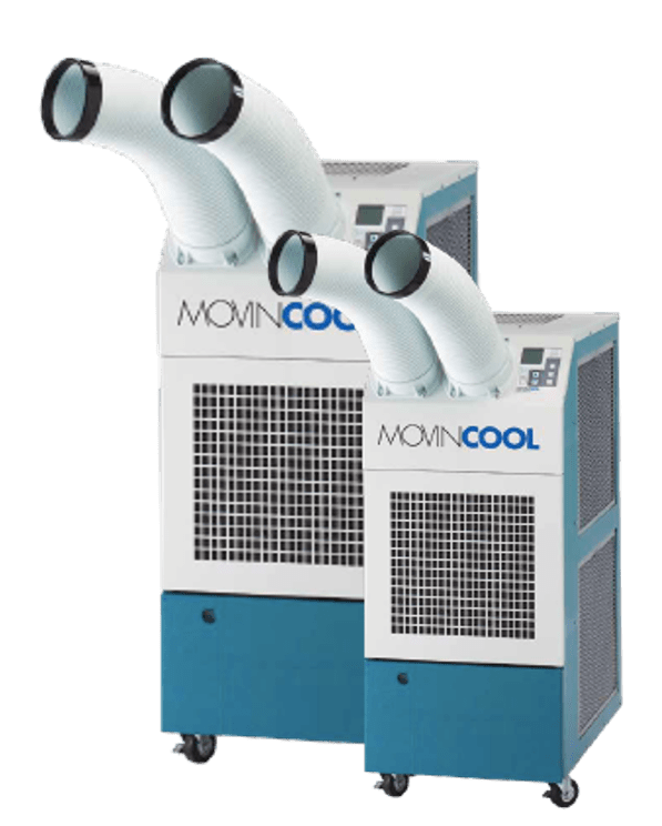 Two movincool air conditioners with pipes attached.