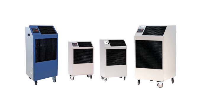A group of four different sized air conditioners.
